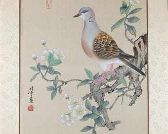 Vintage Chinese Art, VTG Asian Art, Mountain Pigeon Watercolor Painting on Silk, 16x20 inches