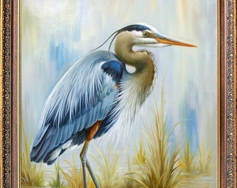 Framed Original Oil Painting, Wild Blue Heron, Signed Korean Art Collection, Wall Decor