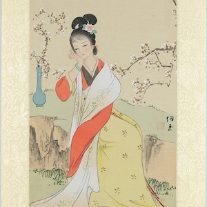 Acquerello asiatico d'epoca su carta di seta, pittura tradizionale cinese, fiore di prugna e bellezza cinese, pittura a mano orientale