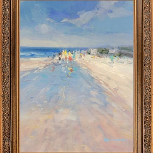 Framed French Oil Painting, Summer Beach Memory, Signed by H Code, Gorgeous Seascape, Impressionism Oil Painting