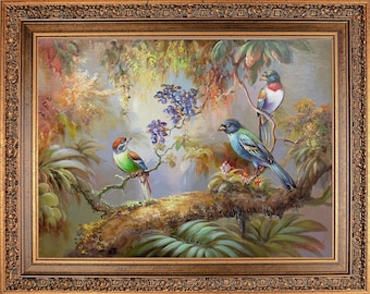 Framed Original Oil Painting, Signed Birds Tropical Forest Floral Landscape, Korean Art Wall Decor