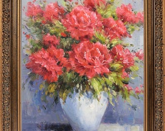 Framed Signed Oil Painting, Red Bouquet Flower, Impressionism Wall Art