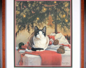 Framed Vintage Lithograph, Bonnie L Mohr, Christmas Cat Portrait, Pencil-Signed, Edition Numbered