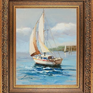 Antique Gold Framed Oil Painting, Signed Jean Norton, Wall Art, Sailboat Running on Water, Elegant Seascape, Hand Painted, Memorable Gift.