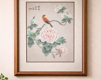 Wooden Mahogany Framed, Vintage Asian Watercolor, Peonies and Birds Painting