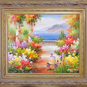 Mediterranean Seaside, Oil Painting on Canvas with Antique Gold Frame, Signed by A Rossi
