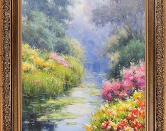 Framed Oil Painting, Signed Pond Scene Landscape, Impressionism Wall Art