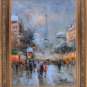 Framed Oil Painting, Snowing Paris Eiffel Tower, Signed by С Vevers, French Landscape, Original Impressionism Oil Painting