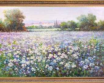 Framed Oil Painting on Canvas, Signed by Korean Artist, Autumn White Field Landscape
