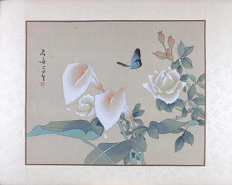 Vintage Asian Art, Oriental Watercolor on Silk, Original Hand-Painted, Signed Wall Art