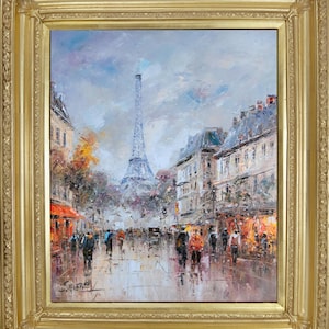 Oil Painting on Canvas with Ornate Gold Wooden Frame, Paris Eiffel Tower Landscape, Signed by С Vevers, Original Impressionism Oil Painting