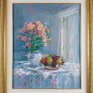 Vintage Oil Painting with French Frame, Signed by Robert L, Stilife with Flower and Fruits, Wall Art, Memorable Gift