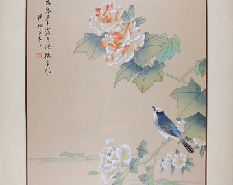 Art oriental vintage, aquarelle asiatique VTG sur papier de soie, peinture chinoise vintage, oiseau bleu avec fleurs de pivoine, art mural asiatique