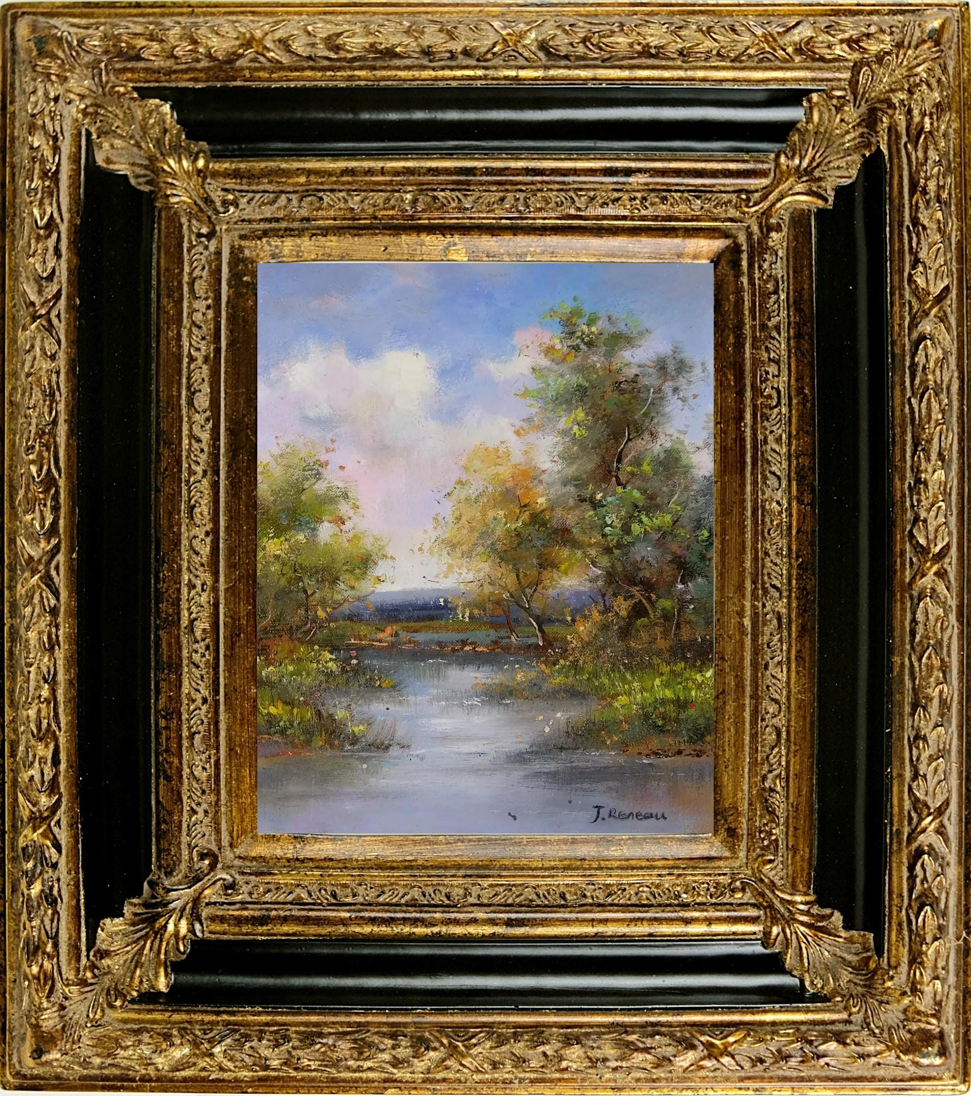 Luxury Black Framed French Landscape Oil Painting, Autumn Lakeside Landscape, Signed by J Reneau, Memorable Wall Art Gift