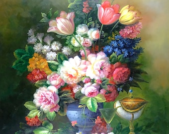 Original Floral Oil Painting: Still Life Bouquet, 36&quot; x 48&quot; Unstretched Canvas