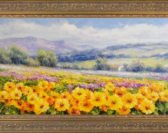 Pittura a olio impressionista francese con cornice dorata, paesaggio di campi di girasole, firmato da Eric Son, arte da parete, regalo memorabile