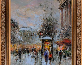 Framed French Winter Cityscape, Original Paris Oil Painting,  European Impressionist Wall Art
