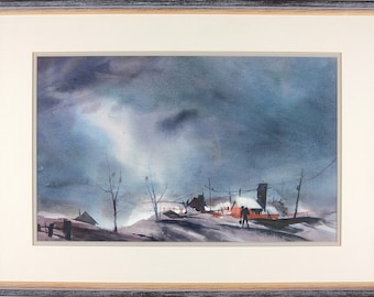 Framed Vintage Watercolor Painting, Moody Harbor Landscape, Signed 1970s Original Coastal Wall Art