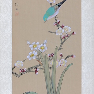 Vintage Asian Watercolor, Blue Bird and Plum, VTG Oriental Chinese Watercolor Painting on Silk Paper, Vintage Asian Wall Art