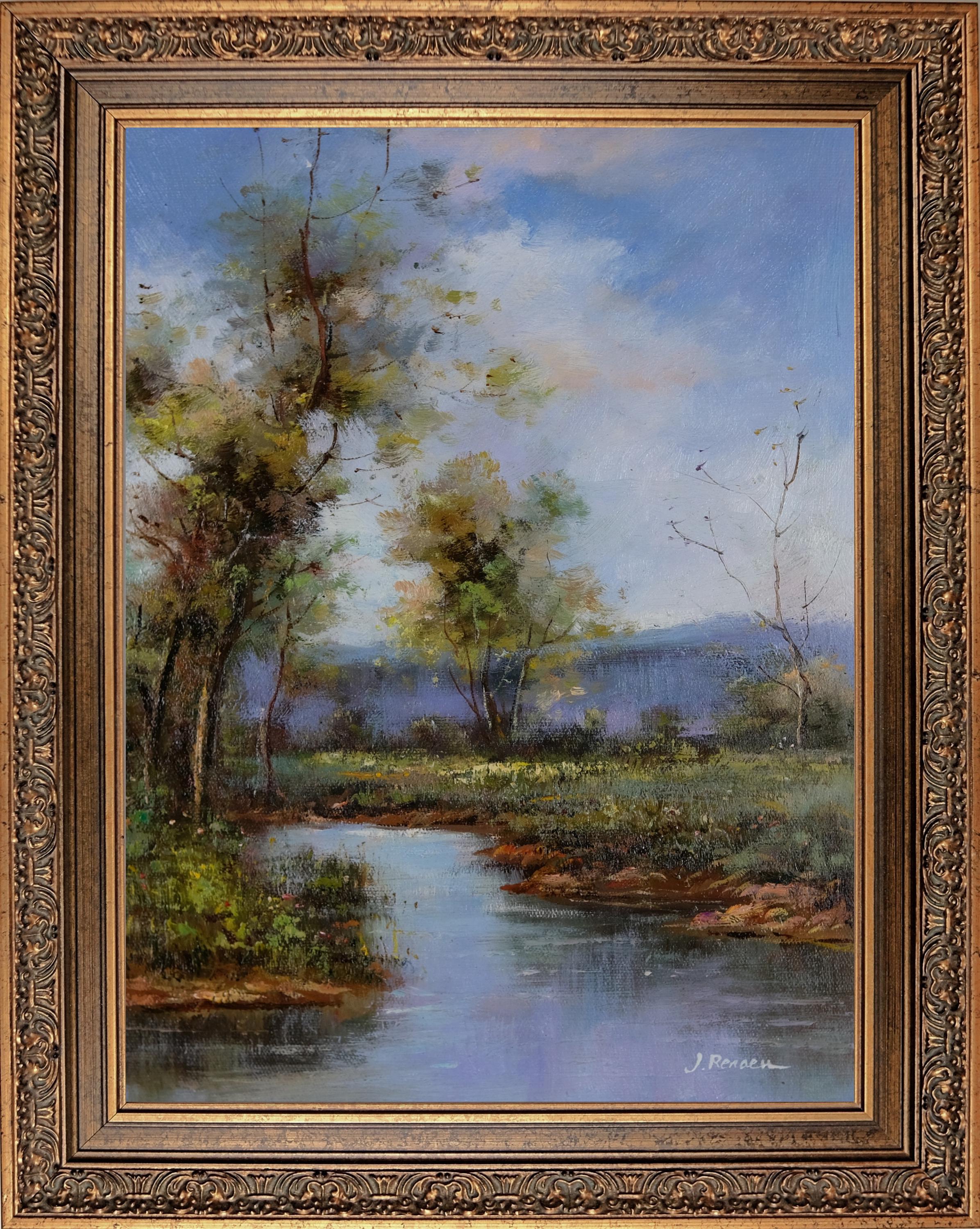 フランスの風景画、キャンバスに描かれた油絵、額入り、J・ルノーの