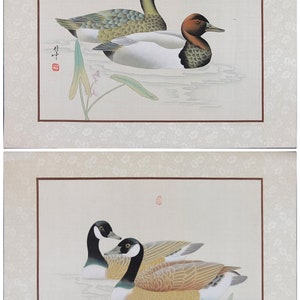 Vintage Asian Watercolor on Silk Art, Wild Duck Couple, A set of Animal Portrait, Oriental Watercolor Painting