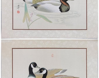 Vintage Asian Watercolor on Silk Art, Wild Duck Couple, A set of Animal Portrait, Oriental Watercolor Painting