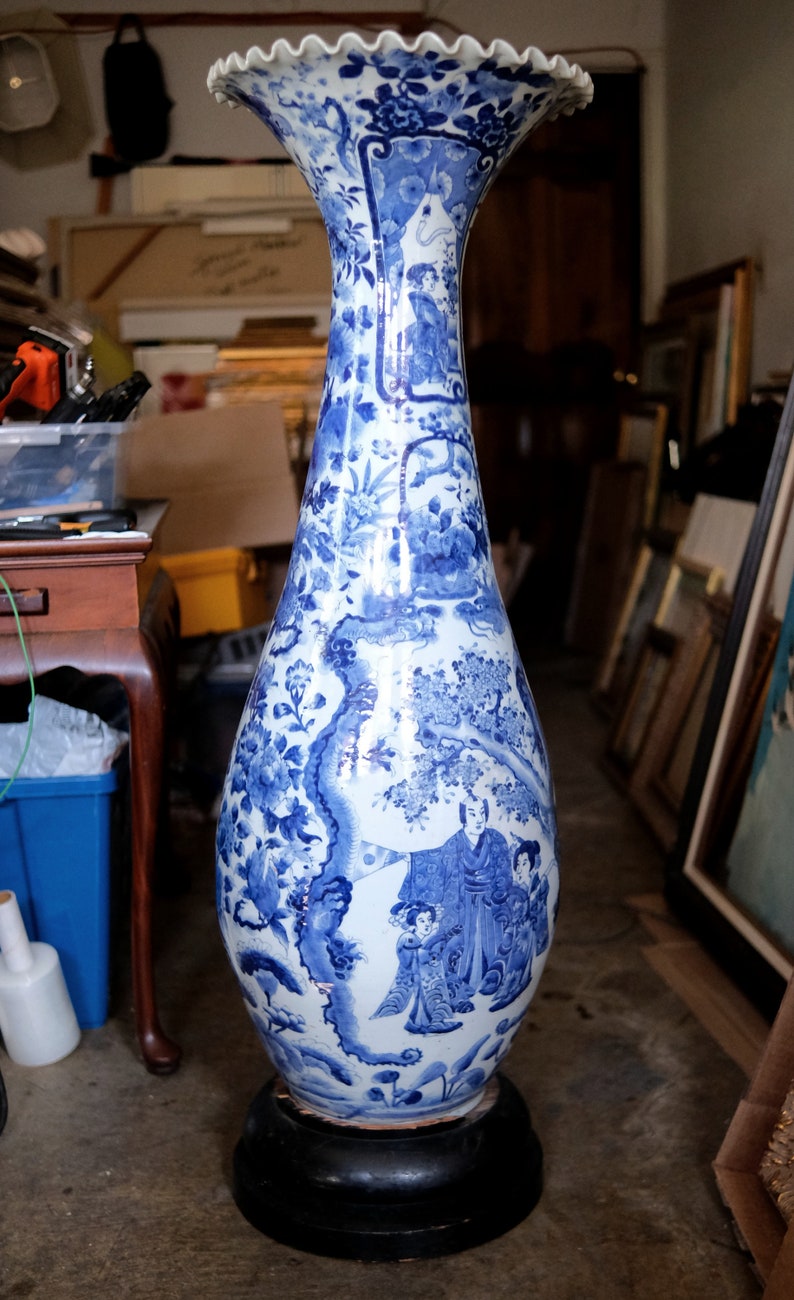 Antique Japanese Vase Blue and White Porcelain With Wooden Etsy