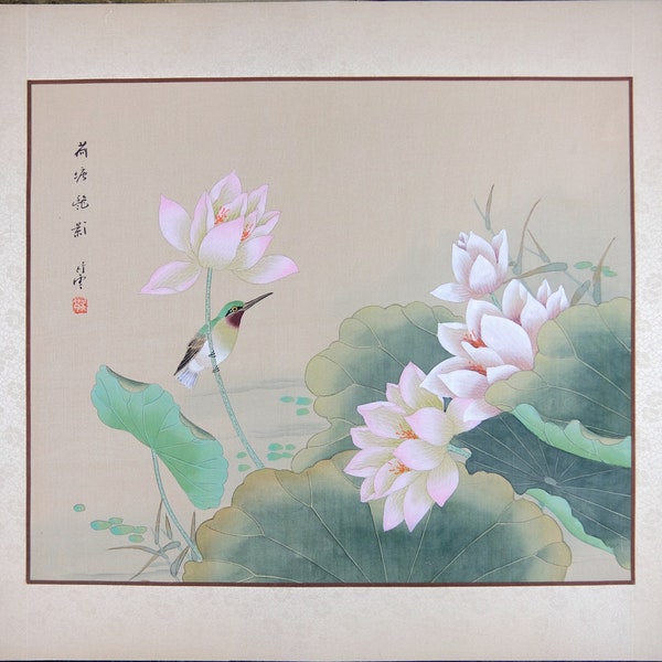Vintage Chinese Painting on Silk Paper, Oriental Watercolor Painting, Wild Kingfisher and Lotus Portrait, Artist Signed Stamped