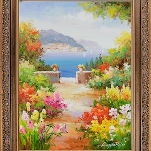 Mediterranean Seaside, Oil Painting with Gold Frame, Signed by A Rossi