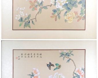 Oriental Wall Art, Signed Vintage Asian Watercolor Painting on Silk, Butterflies & Magnolia