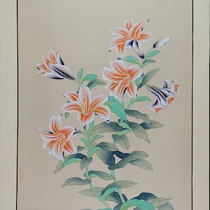 Vintage Oriental Painting, Asian Watercolor on Silk Paper, Vintage Chinese Painting, Wild Tiger Lilies Portrait