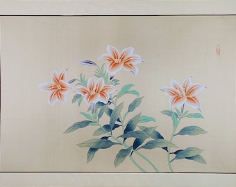 Vintage Asian Wall Art, Oriental Watercolor, Wild Lily on Silk Paper (24x36)