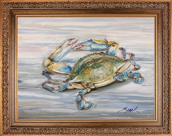 Framed Oil Painting, Signed Korean Artist, Wild Blue Crab Portrait, Ornate Gold Frame