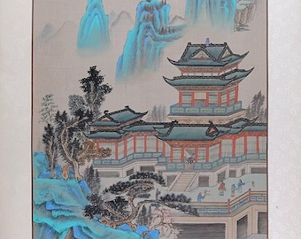 Vintage Oriental Painting on Silk, Blue Mountain, Chinese Landscape, Original Asian Watercolor, 49x26 inches