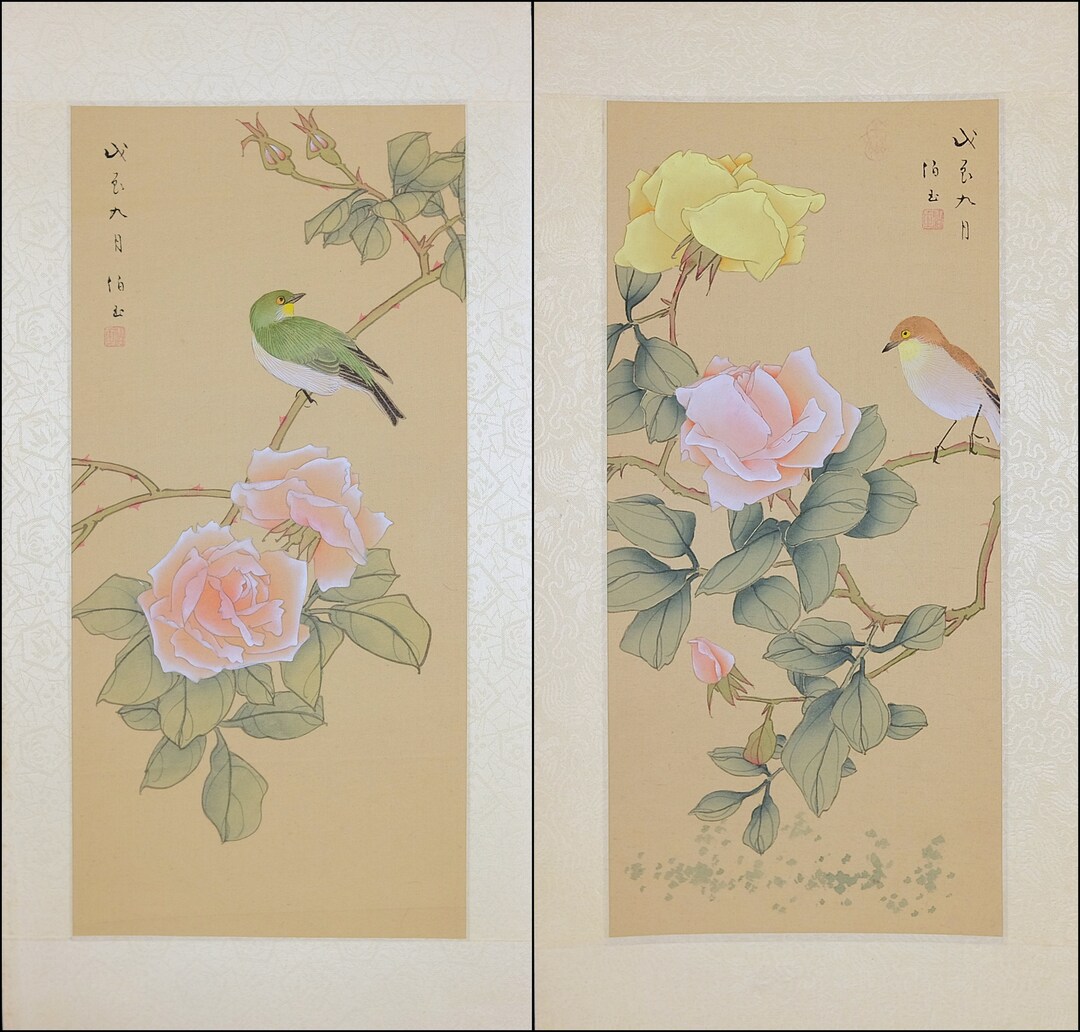 Vintage Asian Art, Bird and Flower, Oriental Traditional Chinese Watercolor Painting on Silk
