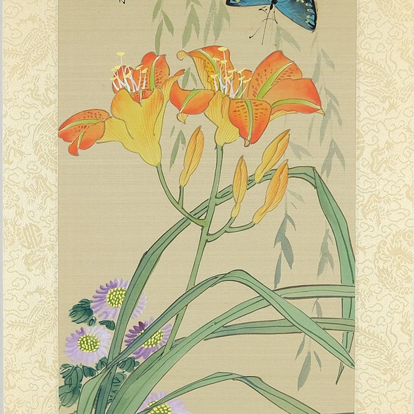 Vintage Asian Watercolor, Summer Flowers and Blue Butterfly, Oriental Chinese Watercolor Painting on Silk Paper, Asian Wall Art