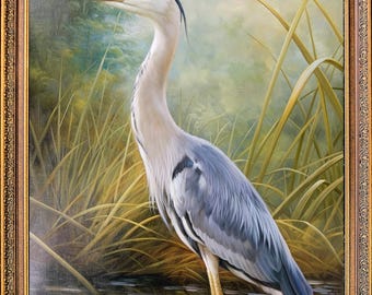 Framed Oil Painting, Signed Korean Artist, Wild Blue Heron Portrait, Ornate Gold Frame