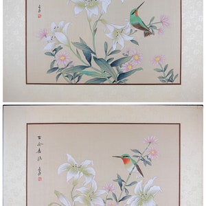 Vintage Asian Art Watercolor, VTG Oriental Painting on Silk Paper, Hummingbird on the Lilies, Wild Bird Portrait