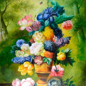 Original Oil Painting on Canvas, Signed by Andy R, Still Life with Bouquet Flowers, For Dining Room, Un-stretched, 36" x 48"