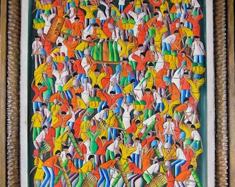 Vintage Haitian Market Scene Oil Painting by C Jerelis (23.5x20)
