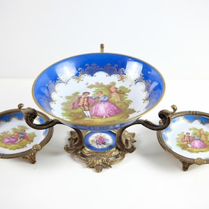 Antique Centerpiece Bowl Set, Sevres Style, Gilt Bronze and Hand Painted Porcelain