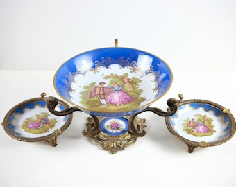 Antique French Sevres Style Porcelain Centerpiece, Gilt Bronze Mounted Bowl Set, Hand Painted