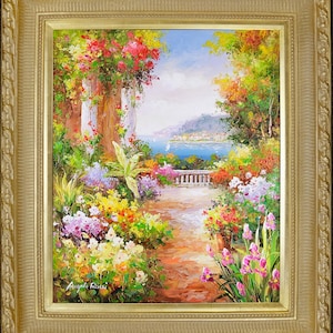 Mediterranean Garden Oil Painting - A. Rossi - Gold Frame