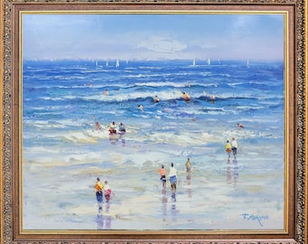 Framed Original Oil Painting, Summer Beach Seascape, Signed, Korean Art Collection