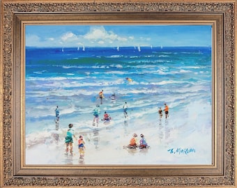Framed Oil Painting, Korean Artist, Signed J Morgan, Beach Seascape, Korean Art Collection