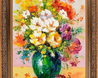 Framed Original Oil Painting, Textured Floral Still Life, Luxury Dining Room Wall Decor