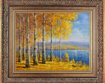 Framed Original Oil Painting, Signed Impressionist Autumn Lake View Landscape, Korean Artist