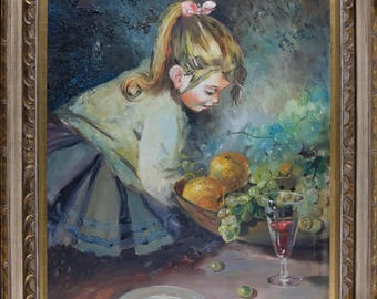 Cuadro al óleo vintage enmarcado, retrato de una niña y bodegón de frutas, con marco francés.