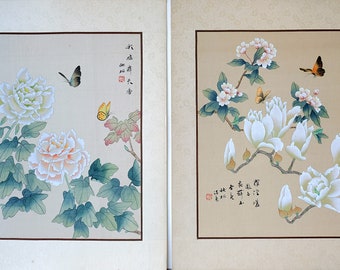 Vintage Oriental Painting on Silk, Vintage Chinese Painting, Pair of Asian Watercolor on Silk Paper, Butterfly on the Flowers