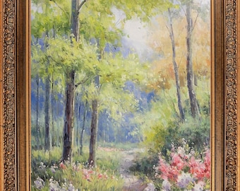 Framed Oil Painting, Signed, Spring Forest Path Landscape, Impressionism Wall Art